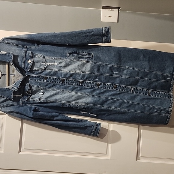 NWT Distressed Medium Wash Button-up Midi Denim Jacket Dress Size L - Picture 3 of 7